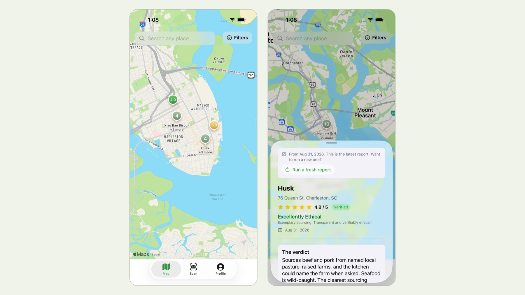 The map and a report card for a real restaurant: the sourcing verdict next to the rating, with a fresh report one tap away.