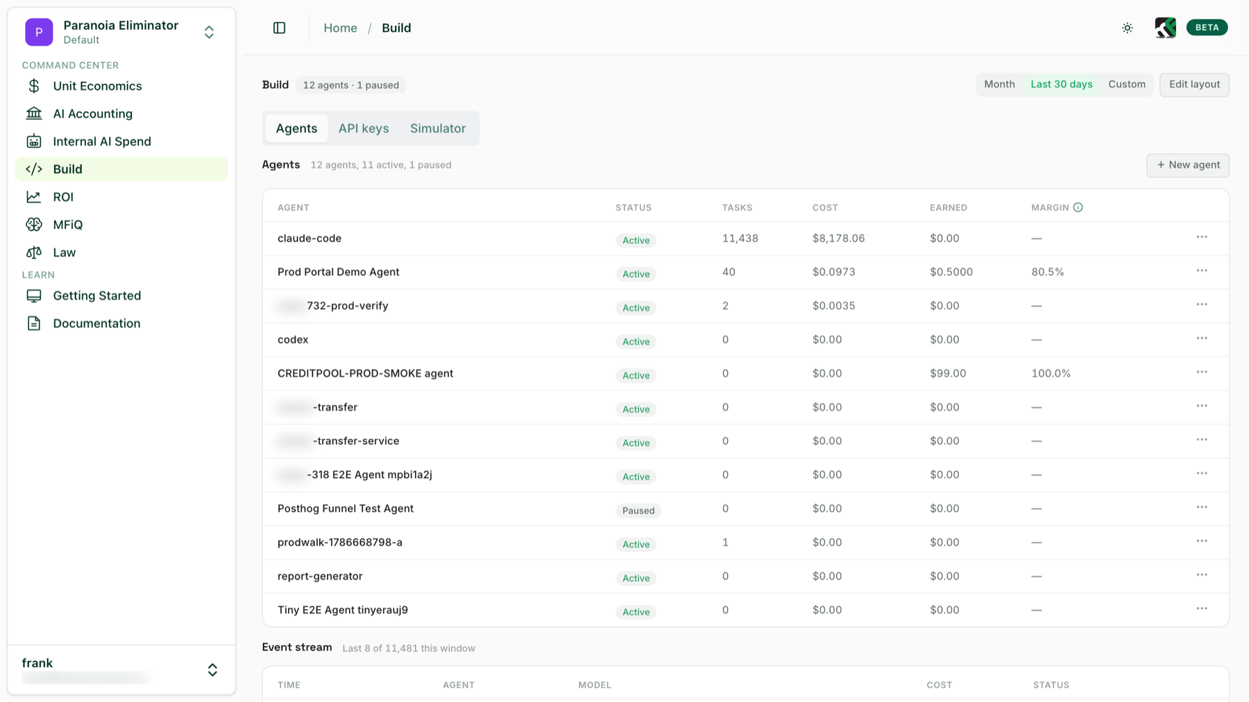 Live margin by agent: every agent's tasks, cost, what it earned, and its margin over the last thirty days.